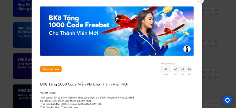 Giftcode miễn phí cho người tham gia khuyến mãi BK8