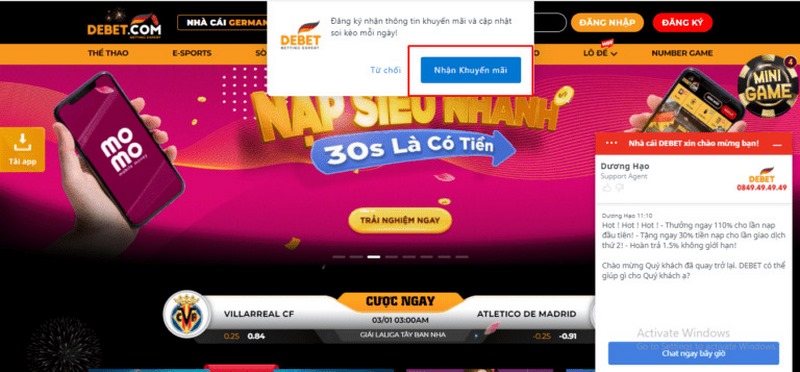 Đăng ký nhận thông tin khuyến mãi DEBET tại website