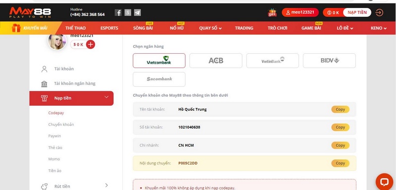 Lưu ý cần nắm rõ khi thực hiện nạp tiền MAY88 để tránh sự cố phát sinh